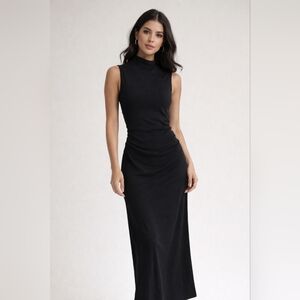 Elegant Sleeveless Black Mock Neck Maxi Dress